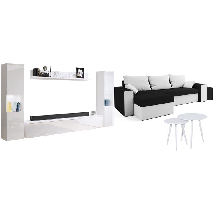 Set mobila Bratex Paris XL White/White Gloss + Space Meble Kansas Mikrofaza 15/Mikrofaza 31 Black/White + Signal Cleo White