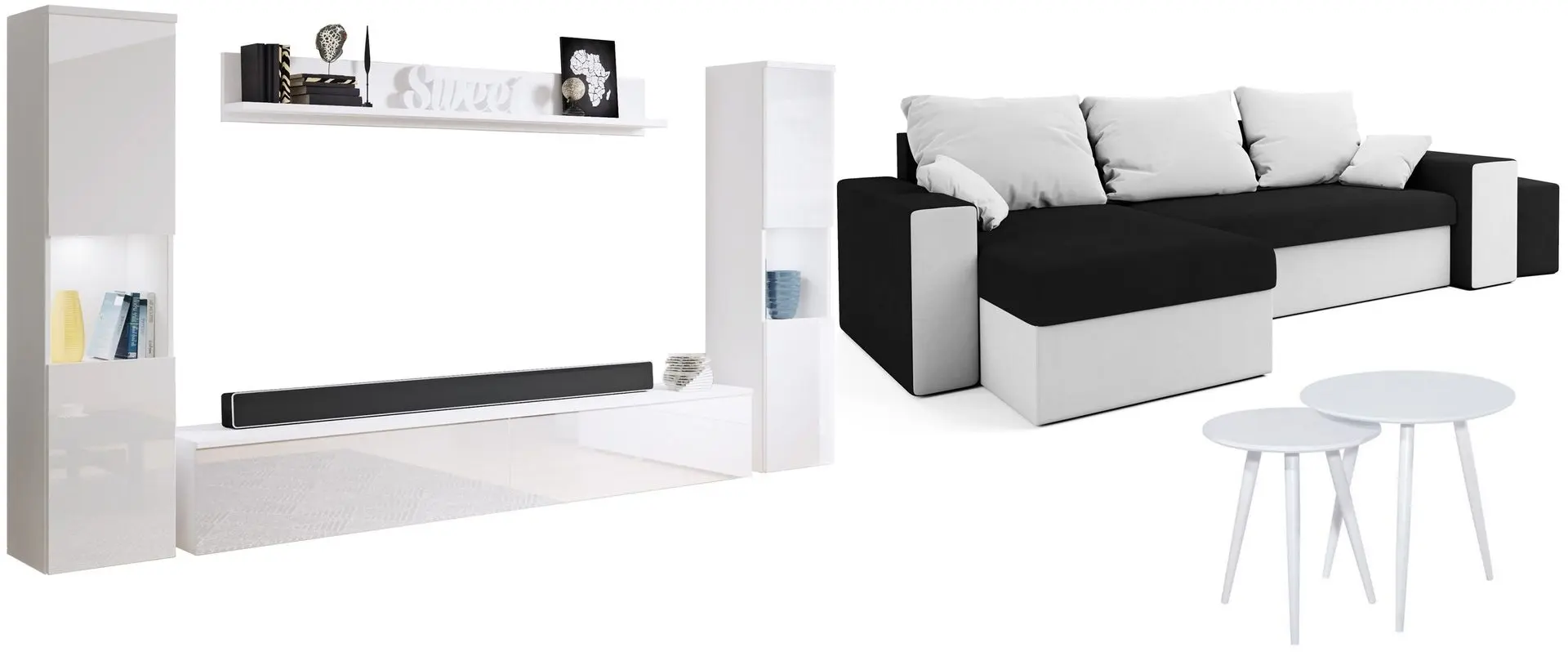 Set mobila Bratex Paris XL White/White Gloss + Space Meble Kansas Mikrofaza 15/Mikrofaza 31 Black/White + Signal Cleo White