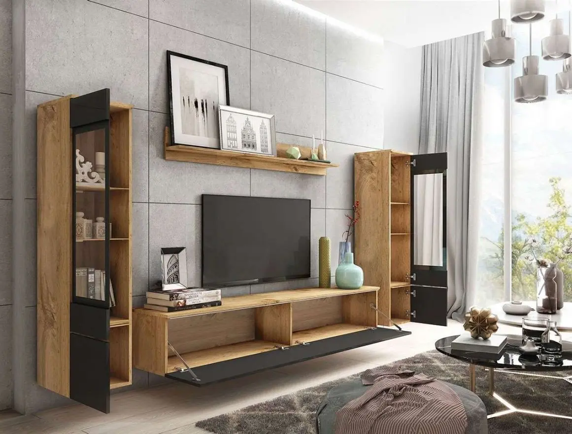 Set mobila Bratex Vera II Wotan Oak/Black Gloss + Space Meble Dakar L Mikrofaza 1024/D8 Gray/Black + Signal Amaro Black Marble/Black