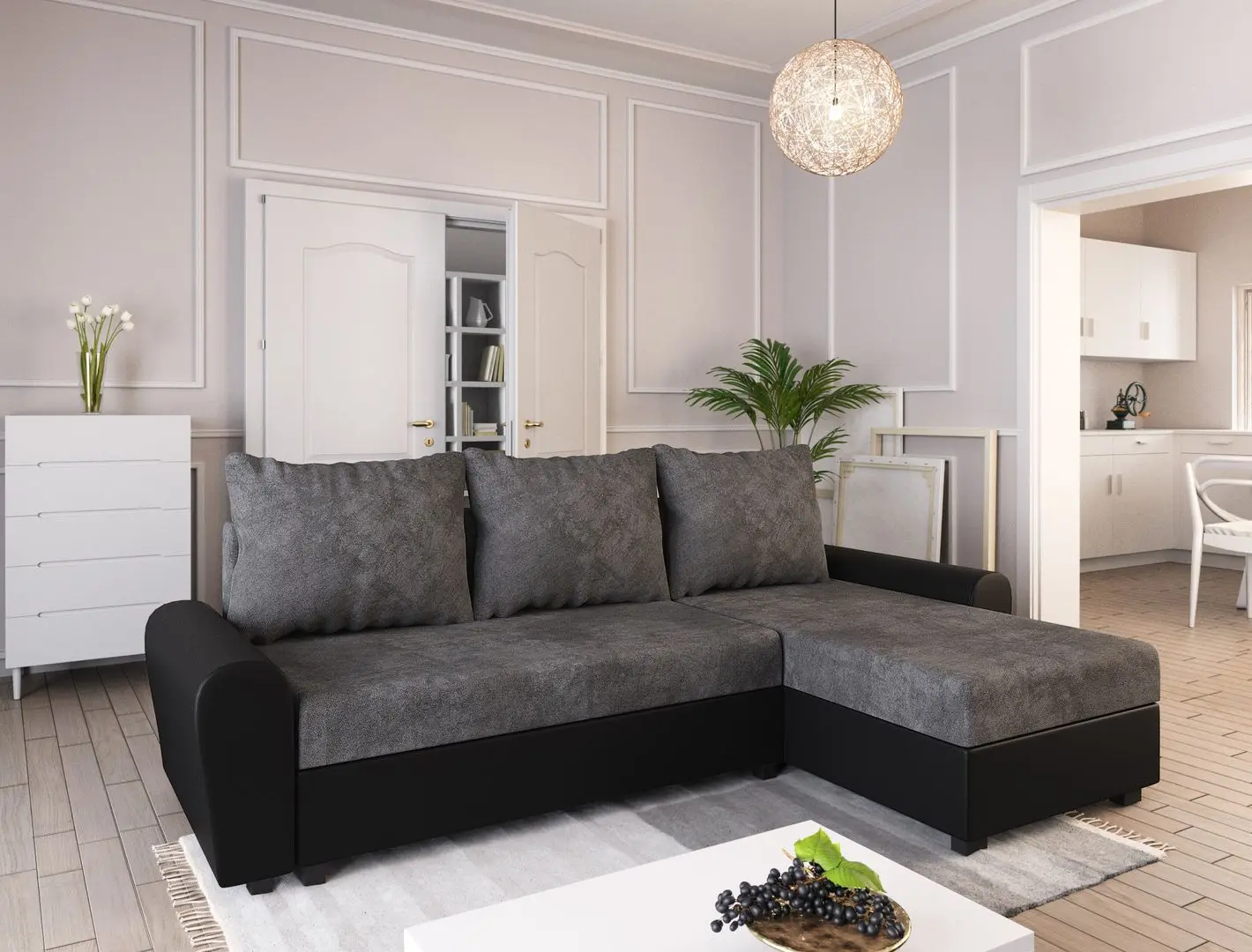 Set mobila Bratex Vera II Wotan Oak/Black Gloss + Space Meble Dakar L Mikrofaza 1024/D8 Gray/Black + Signal Amaro Black Marble/Black