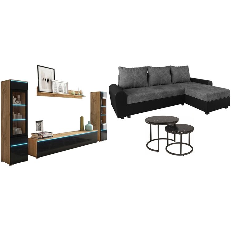 Set mobila Bratex Vera II Wotan Oak/Black Gloss + Space Meble Dakar L Mikrofaza 1024/D8 Gray/Black + Signal Amaro Black Marble/Black