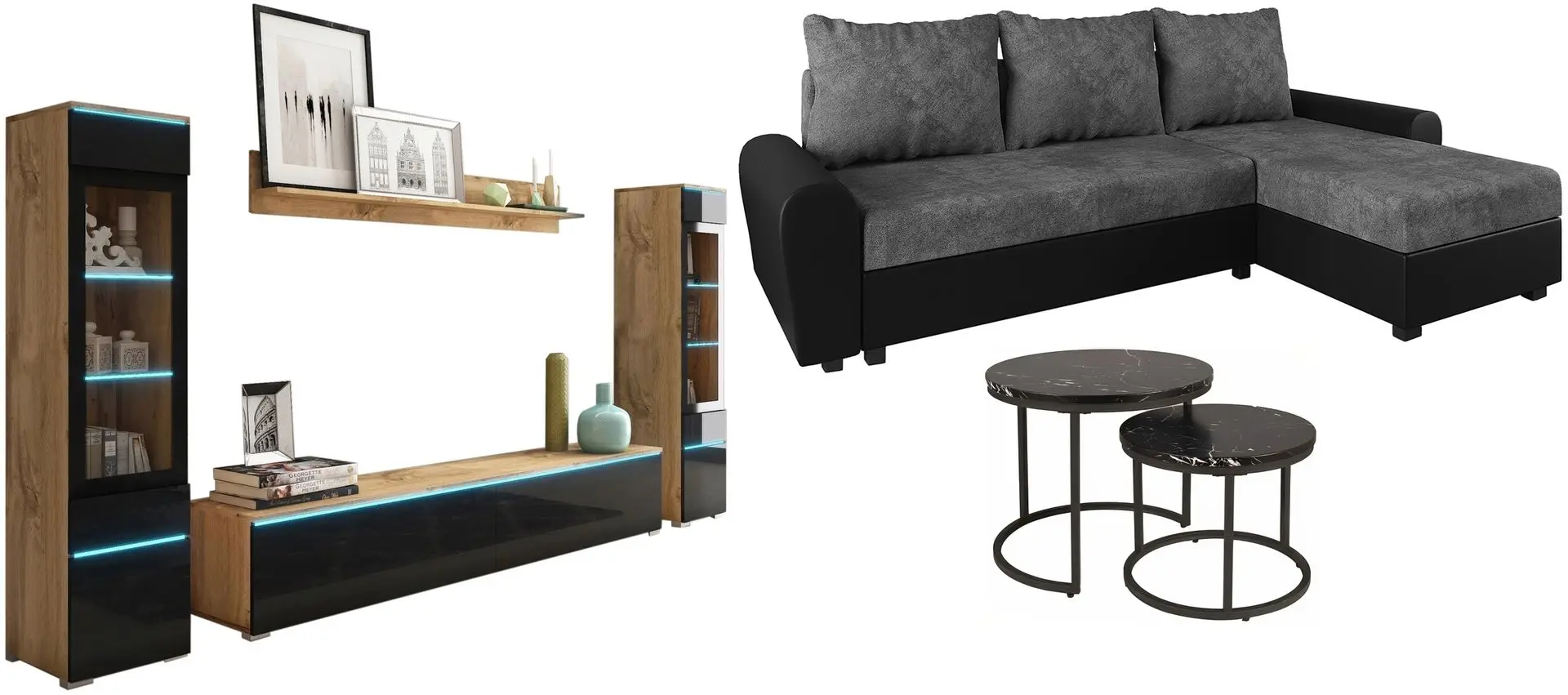 Set mobila Bratex Vera II Wotan Oak/Black Gloss + Space Meble Dakar L Mikrofaza 1024/D8 Gray/Black + Signal Amaro Black Marble/Black