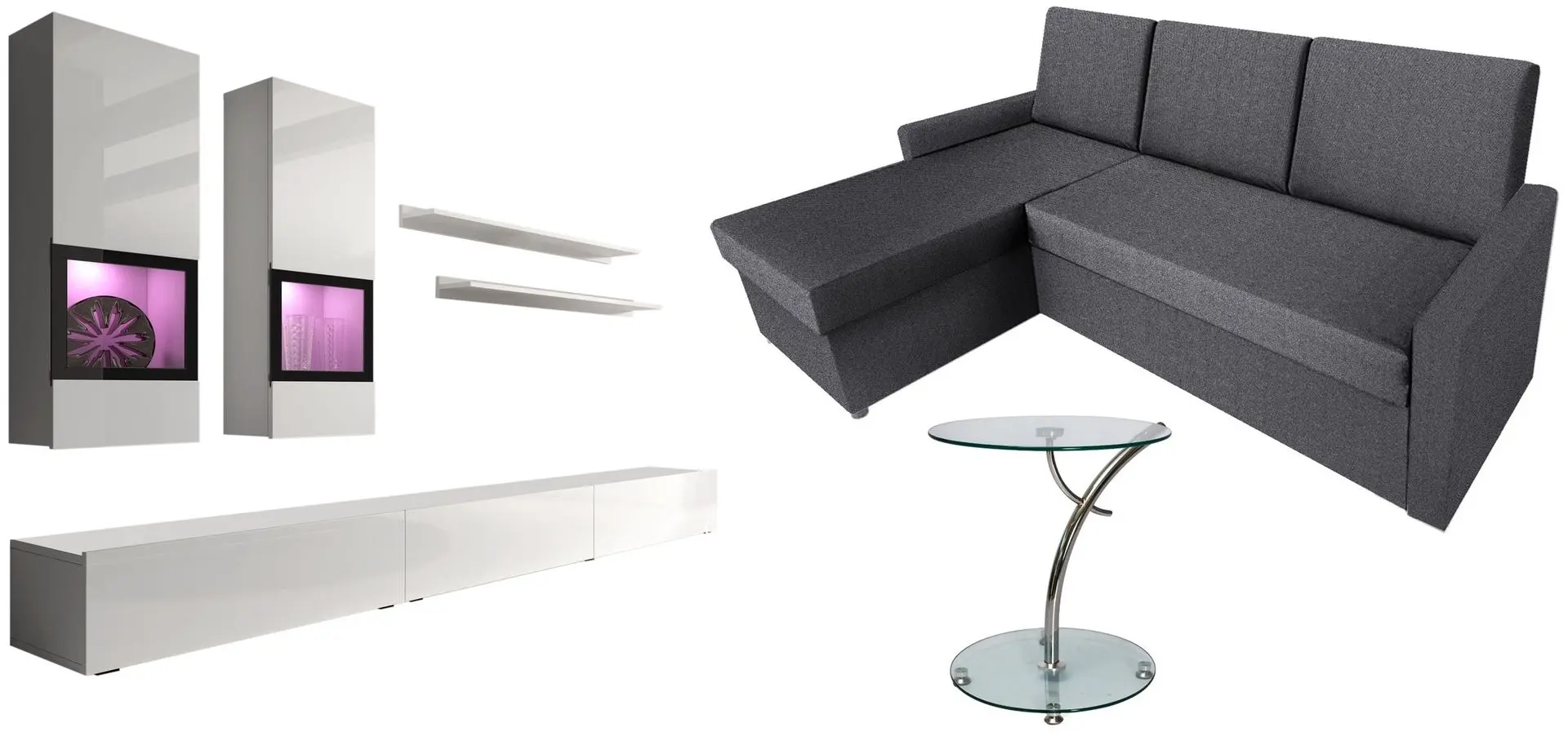 Set mobila Helvetia Baros №10 2.7м White/White Gloss + Modern Leader Alaska 10 Total Eclipse Dark Grey + Signal Muna Transparent/Chrome