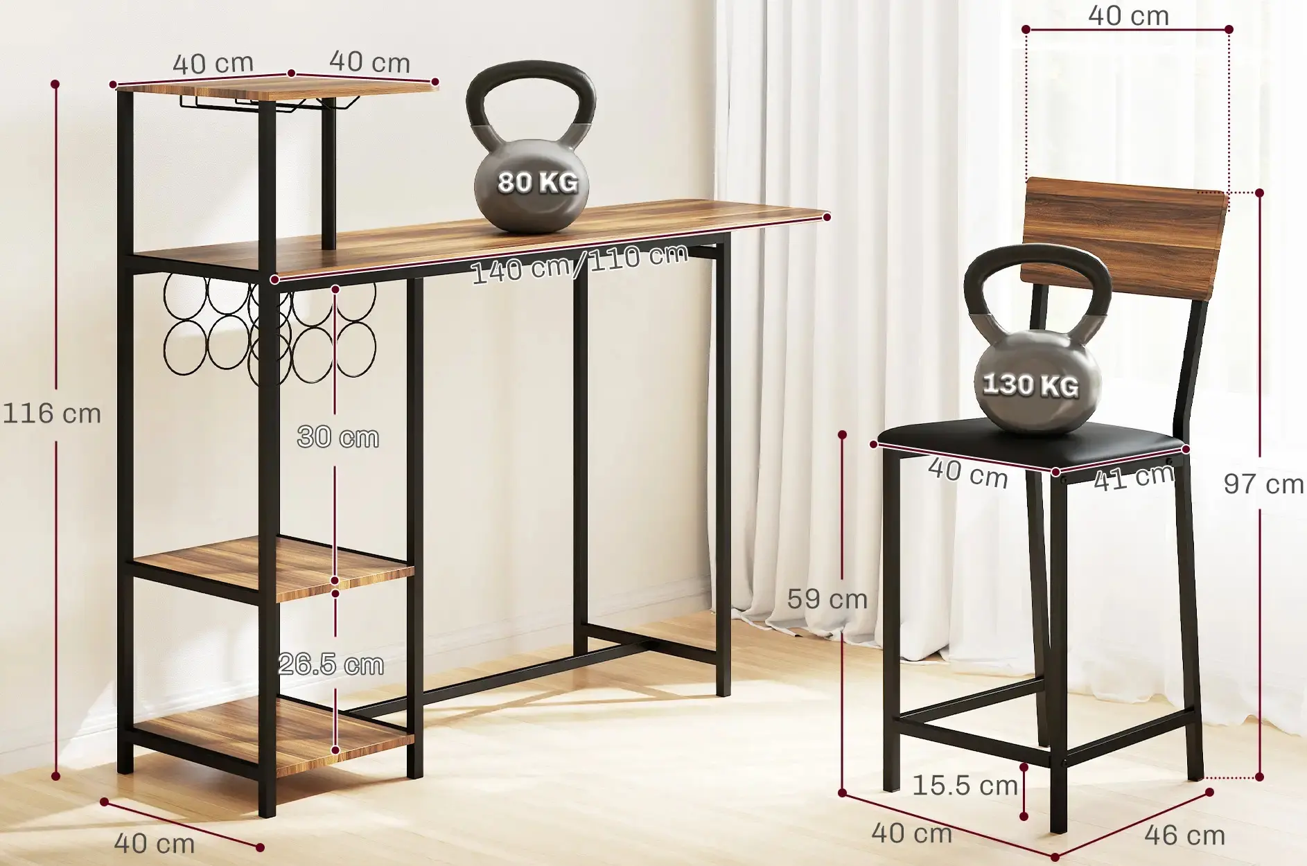 Set mobilier de bar Homcom 83A-228V00BN (Brown/Black) - 5