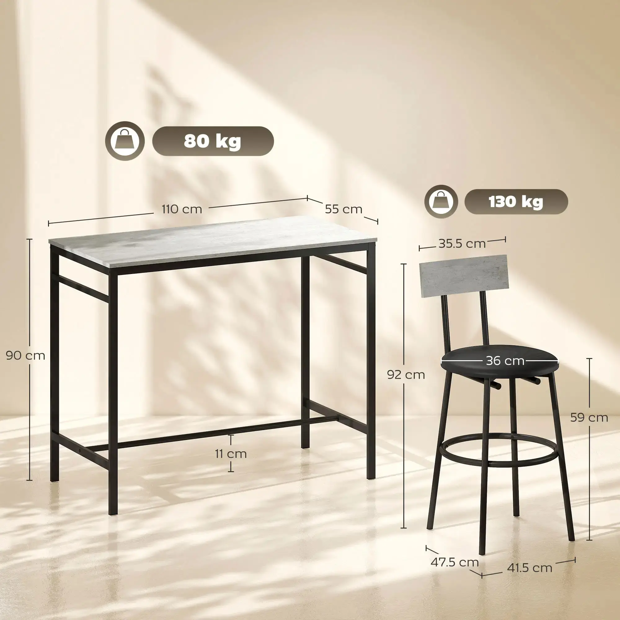 Set masa si scaune de bar Homcom 83A-321V00LG (Concrete Grey/Black) - 4