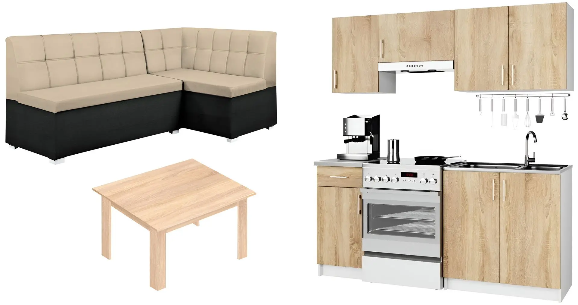 Set mobila pentru bucatarie Akord Lima 1.8m Sonoma Oak + Modern Tennessee 90x160 Sonoma Oak + Como 2207/2230 Right /Beige/Black