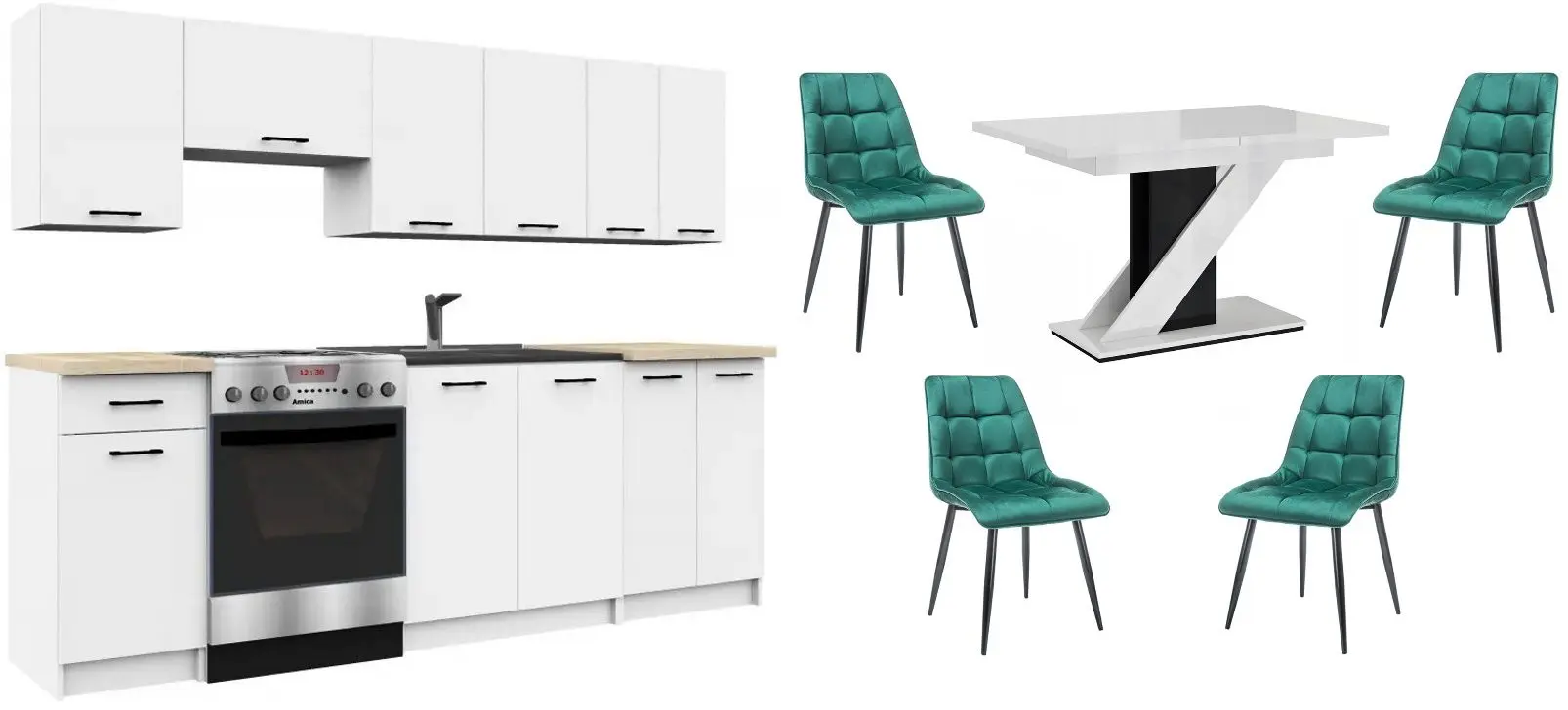 Set mobila pentru bucatarie Akord Oliwia 2.4m White + Prospero Meva White Gloss/Black Gloss + Signal Chic Velvet Green/Black