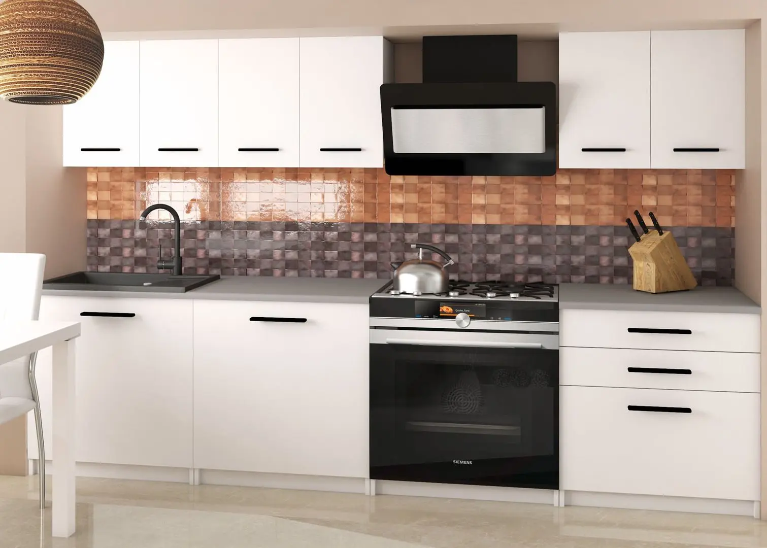 Set mobila pentru bucatarie Belini Sonik2 TOR SONIK2/3/WT/WT/0/B1 1.8m White Watt + Signal Damar 100x60 White + Modern Samba 2230/2300 Black/Snow White