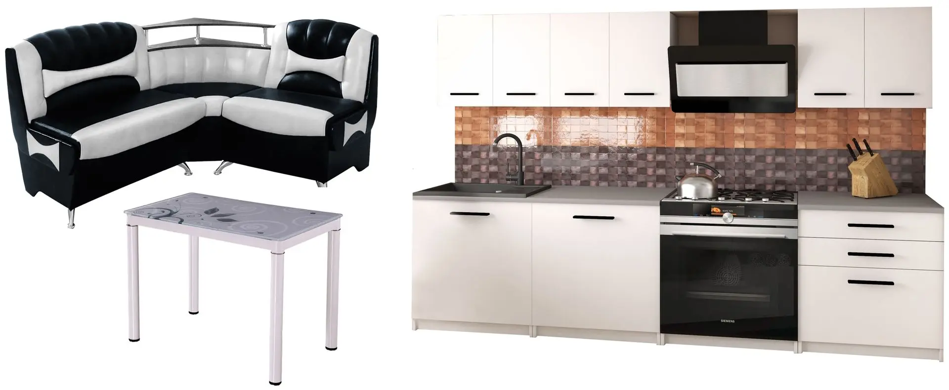 Set mobila pentru bucatarie Belini Sonik2 TOR SONIK2/3/WT/WT/0/B1 1.8m White Watt + Signal Damar 100x60 White + Modern Samba 2230/2300 Black/Snow White