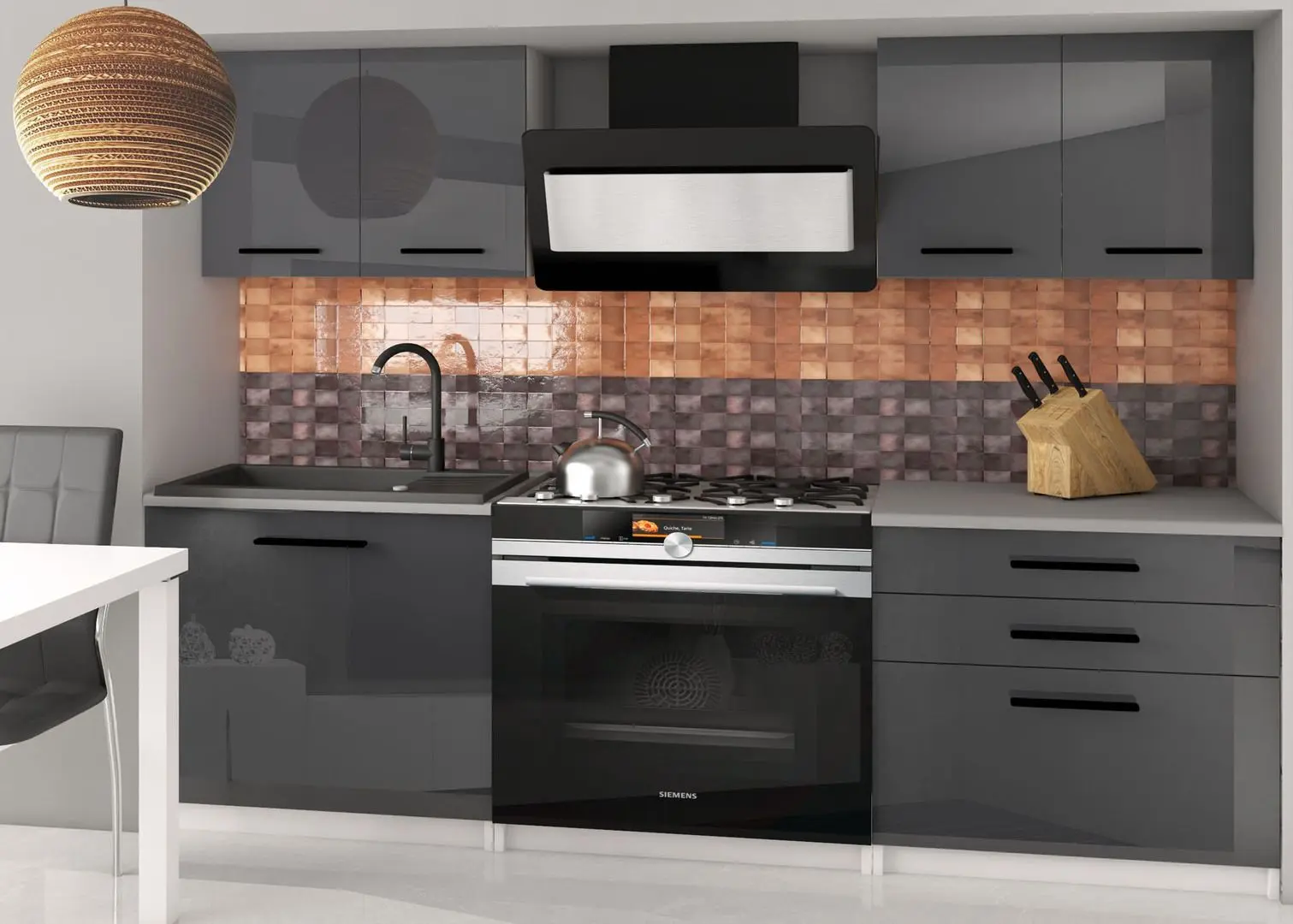 Set mobila pentru bucatarie Belini Tiesto2 INF TIESTO2/3/WT/S/0/B1 1.2m Gray High Gloss + Prospero Bronx White Gloss/Black Gloss + Signal Cherry Velvet Gray/Black