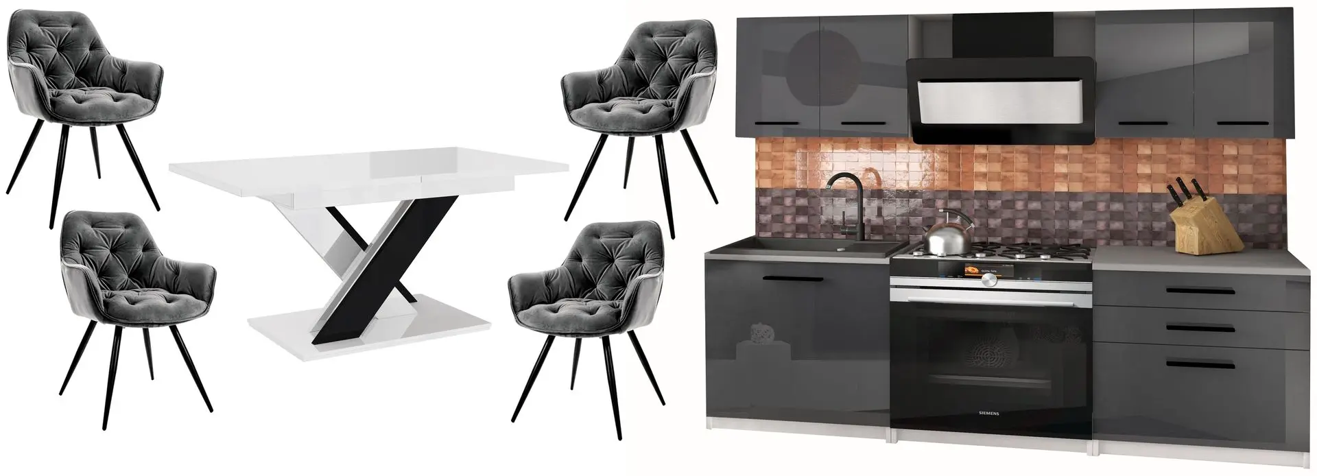 Set mobila pentru bucatarie Belini Tiesto2 INF TIESTO2/3/WT/S/0/B1 1.2m Gray High Gloss + Prospero Bronx White Gloss/Black Gloss + Signal Cherry Velvet Gray/Black