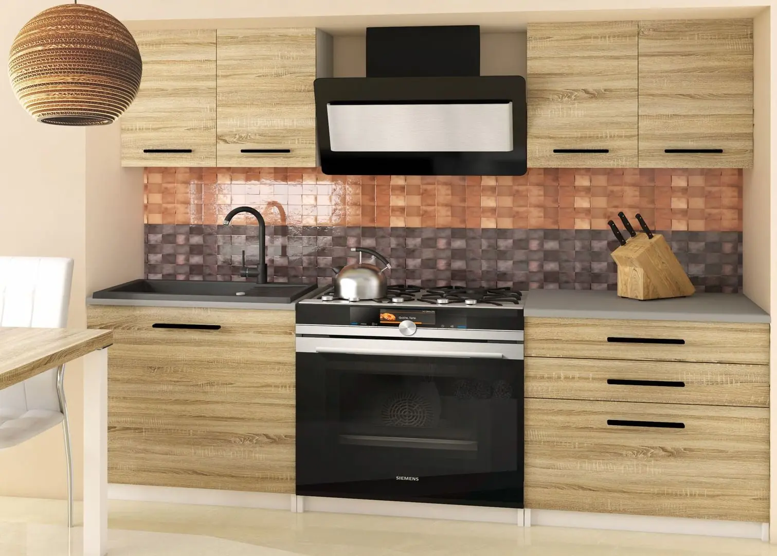 Set mobila pentru bucatarie Belini Tiesto2 TOR TIESTO2/2/WT/DS/0/B1 1.2m Sonoma Oak + TopEshop Madras Artisan Oak + Jumi Eva SD-972575 Black