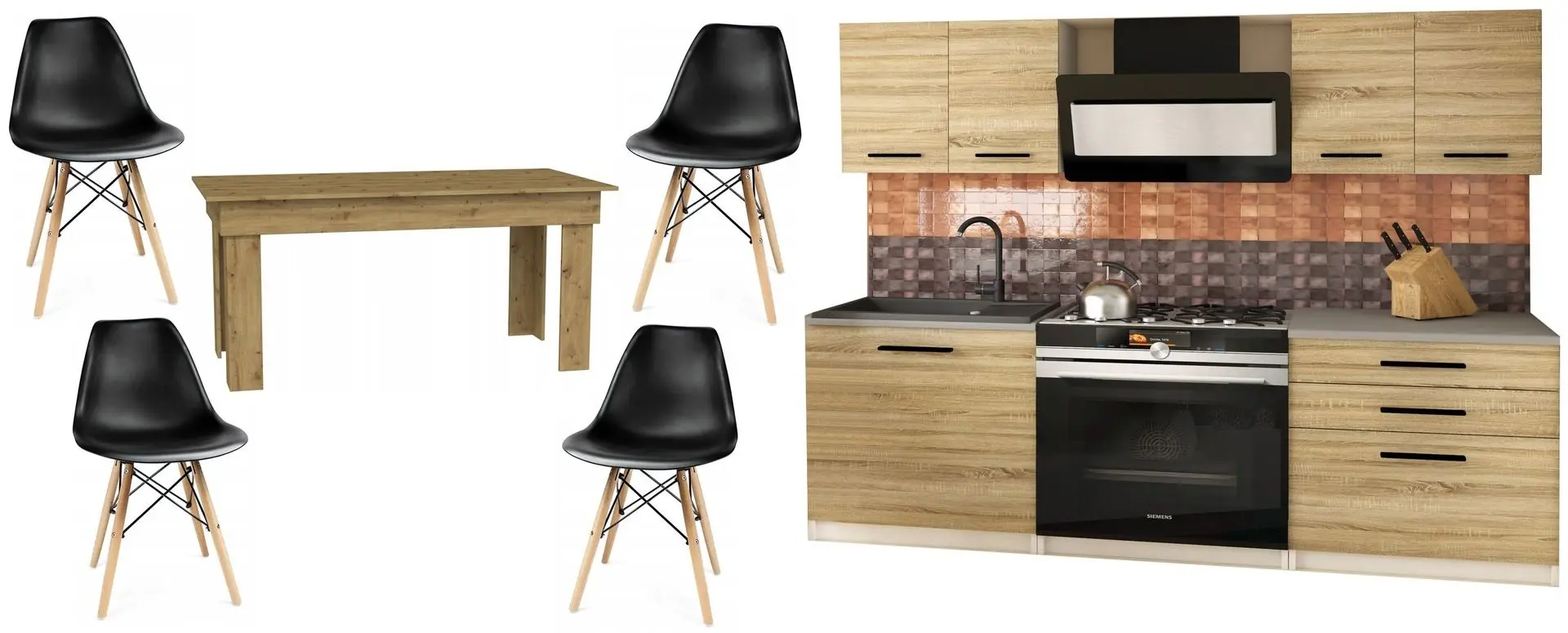 Set mobila pentru bucatarie Belini Tiesto2 TOR TIESTO2/2/WT/DS/0/B1 1.2m Sonoma Oak + TopEshop Madras Artisan Oak + Jumi Eva SD-972575 Black