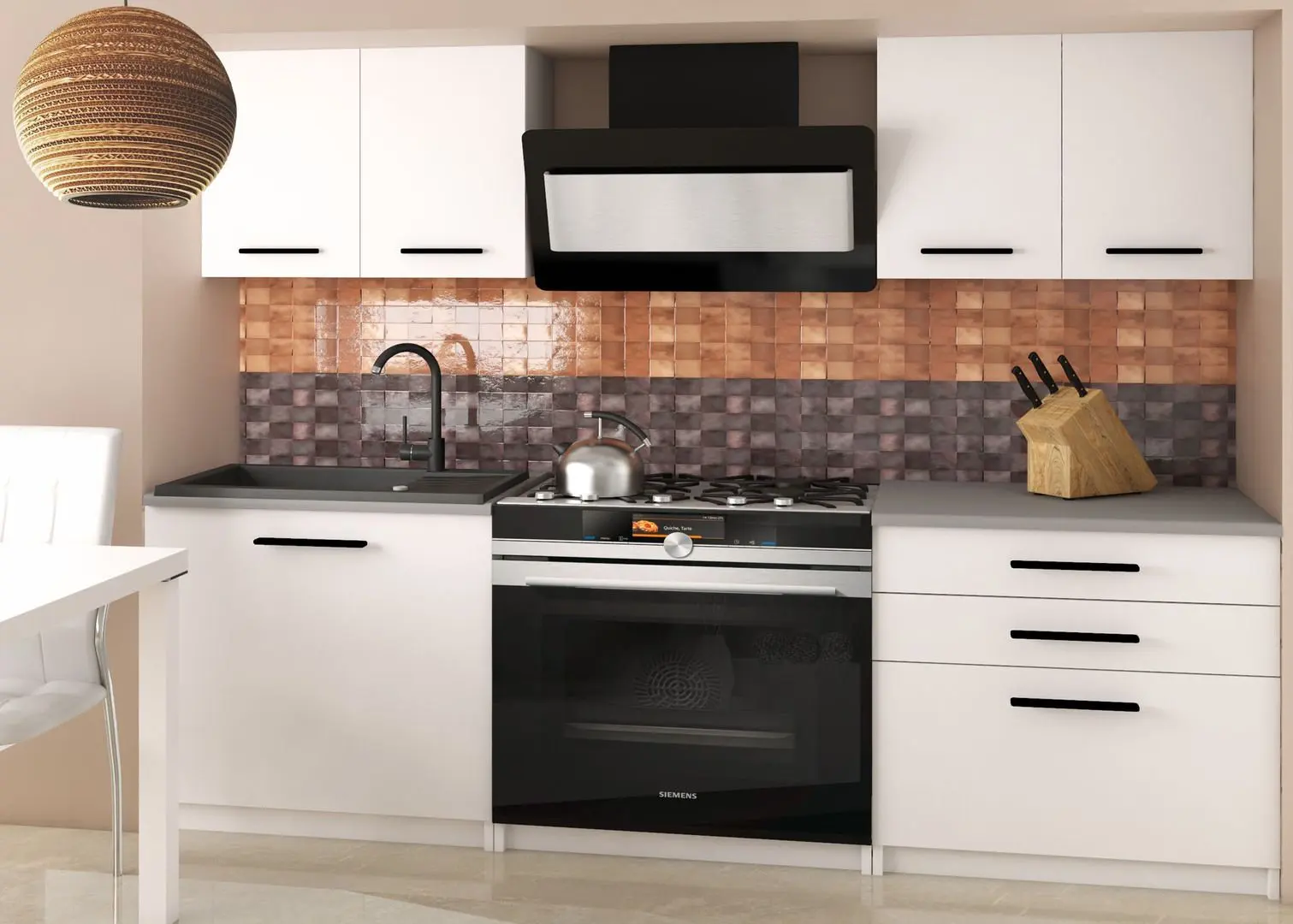 Set mobila pentru bucatarie Belini Tiesto2 TOR TIESTO2/2/WT/WT/0/B1 1.2m White Matt + Mobhaus Kraz 120x80 White/Black + Halmar K209 White