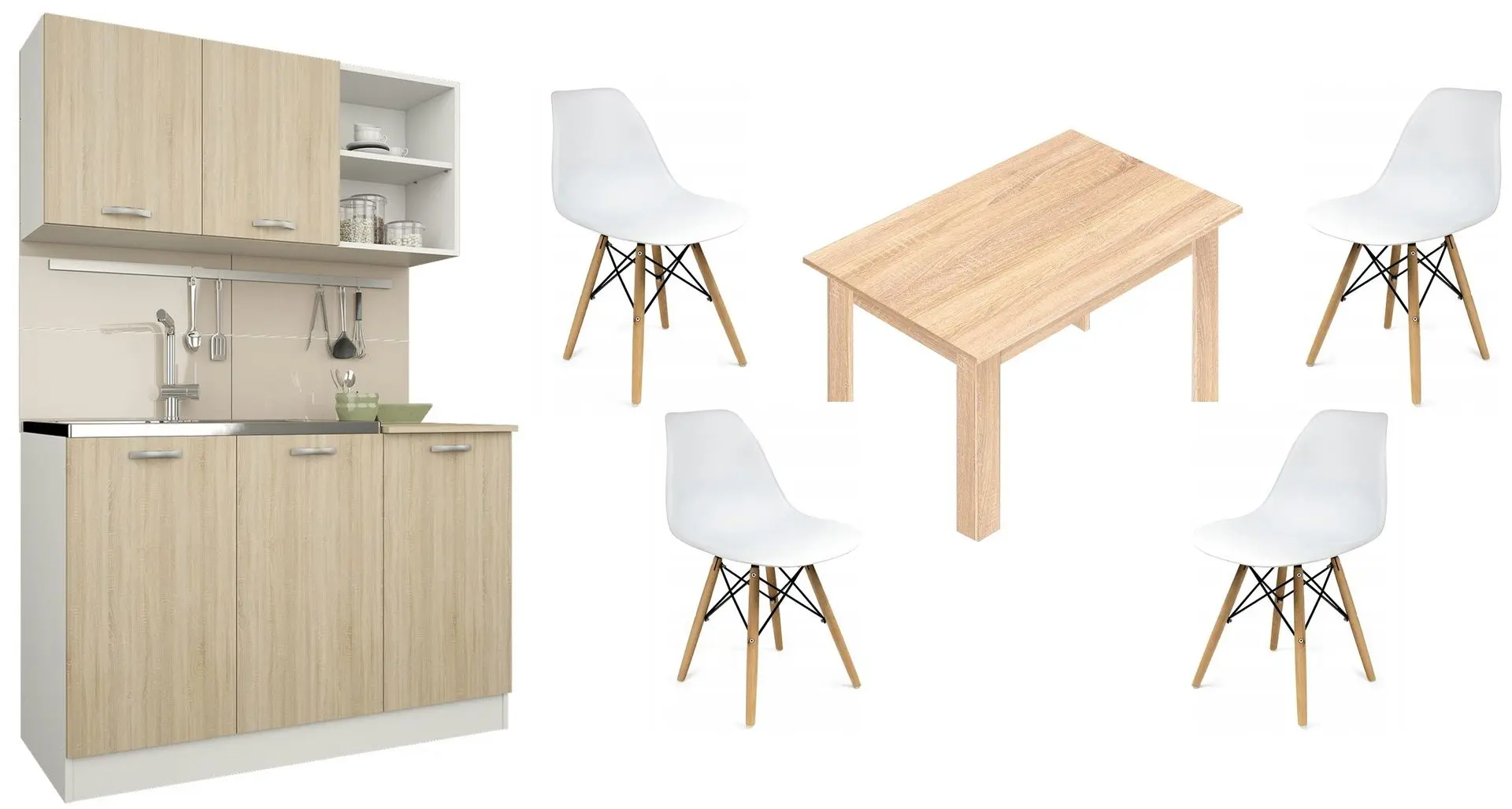 Набор мебели для кухни Haaus Ara 1.2м White/Sonoma Oak + Modern Tennessee 90x160 Sonoma Oak + Jumi Eva SD-972568 White