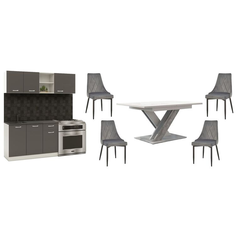 Set mobila pentru bucatarie Haaus Kara 1.8m White/Anthracite + Prospero Bronx White/Stone + Signal Trix B Velvet Black/Gray