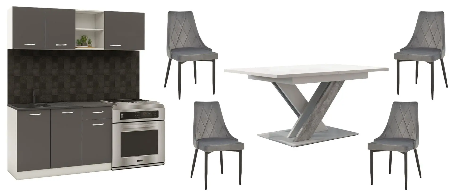 Set mobila pentru bucatarie Haaus Kara 1.8m White/Anthracite + Prospero Bronx White/Stone + Signal Trix B Velvet Black/Gray