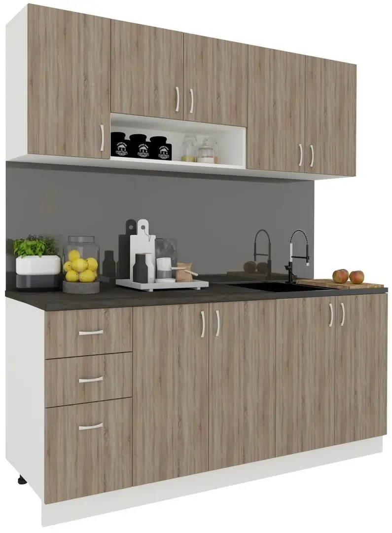 Set mobila pentru bucatarie Haaus Parma 2.0m Dark Sonoma Oak/White + Prospero Bronx Stone/White Gloss + Modern Sofy 2300/2230 Right White/Black