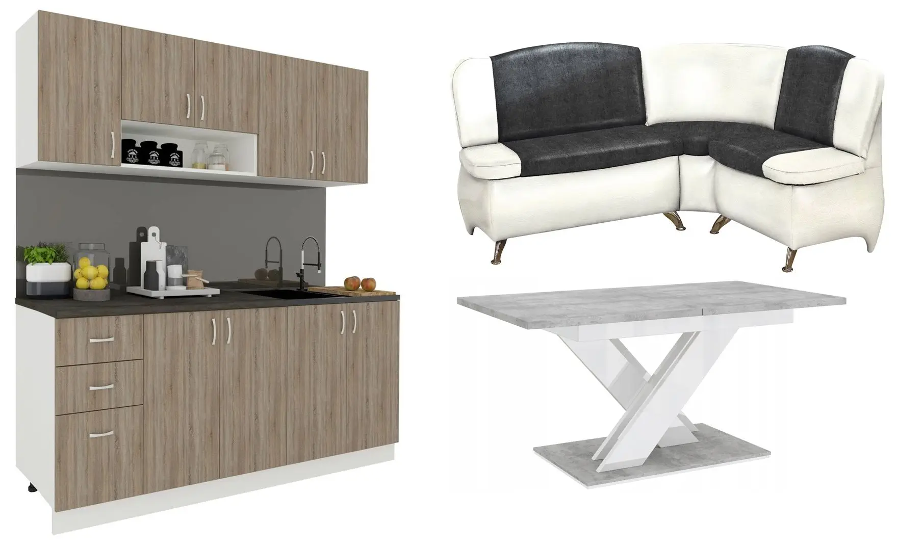 Set mobila pentru bucatarie Haaus Parma 2.0m Dark Sonoma Oak/White + Prospero Bronx Stone/White Gloss + Modern Sofy 2300/2230 Right White/Black