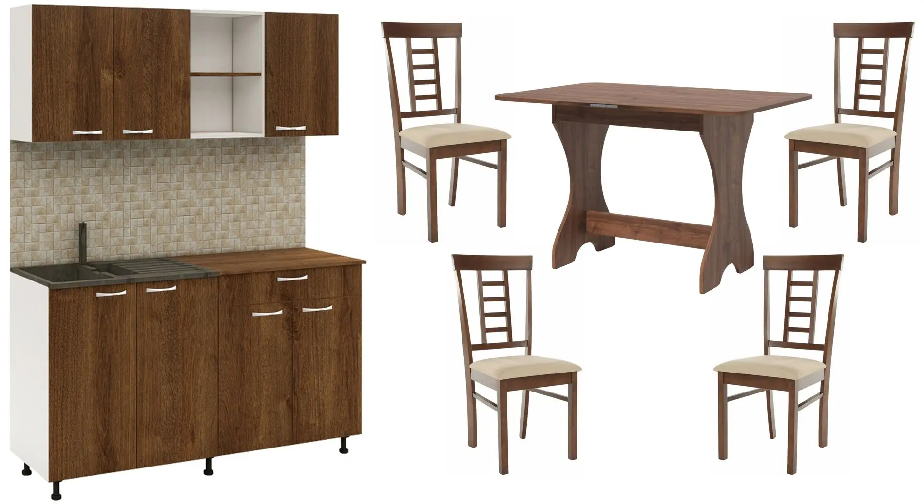 Set mobila pentru bucatarie Haaus Roma 1.6m White/Bronze Oak + Fabrik Home Noroc Орех Каменный + Mobhaus Oleg New Walnut/Beige