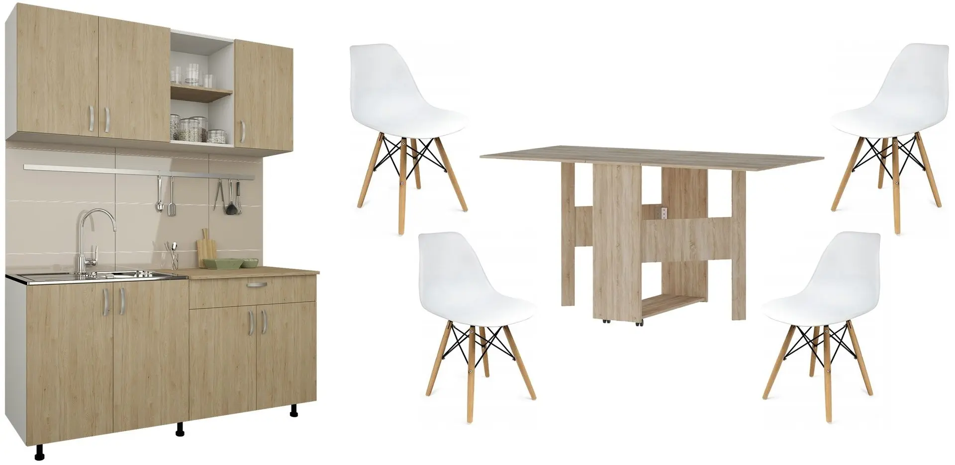 Set mobila pentru bucatarie Haaus Roma 1.6м White/Natural Wood + Haaus Nova Sonoma Oak + Jumi Eva SD-972568 White