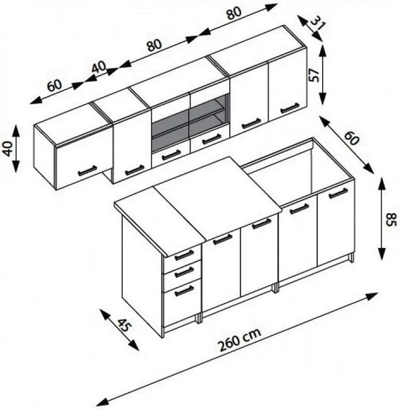 Set mobila pentru bucatarie Halmar Perla 2.6м Sonoma Oak/White + Signal Damar 100x60 Gray + Modern Samba 2231/2207 Beige/Dark Brown