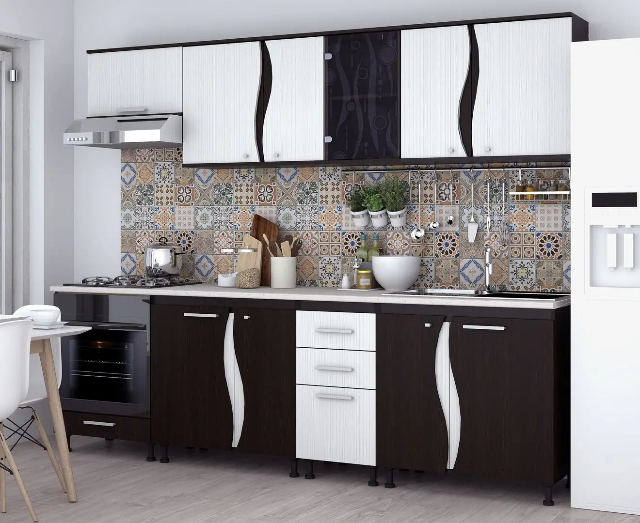 Set mobila pentru bucatarie Marcel Prod CIP3S-C2 2.6m Wenge/White + KC-6 RO White + Modern Como 2231 Right Dark Brown