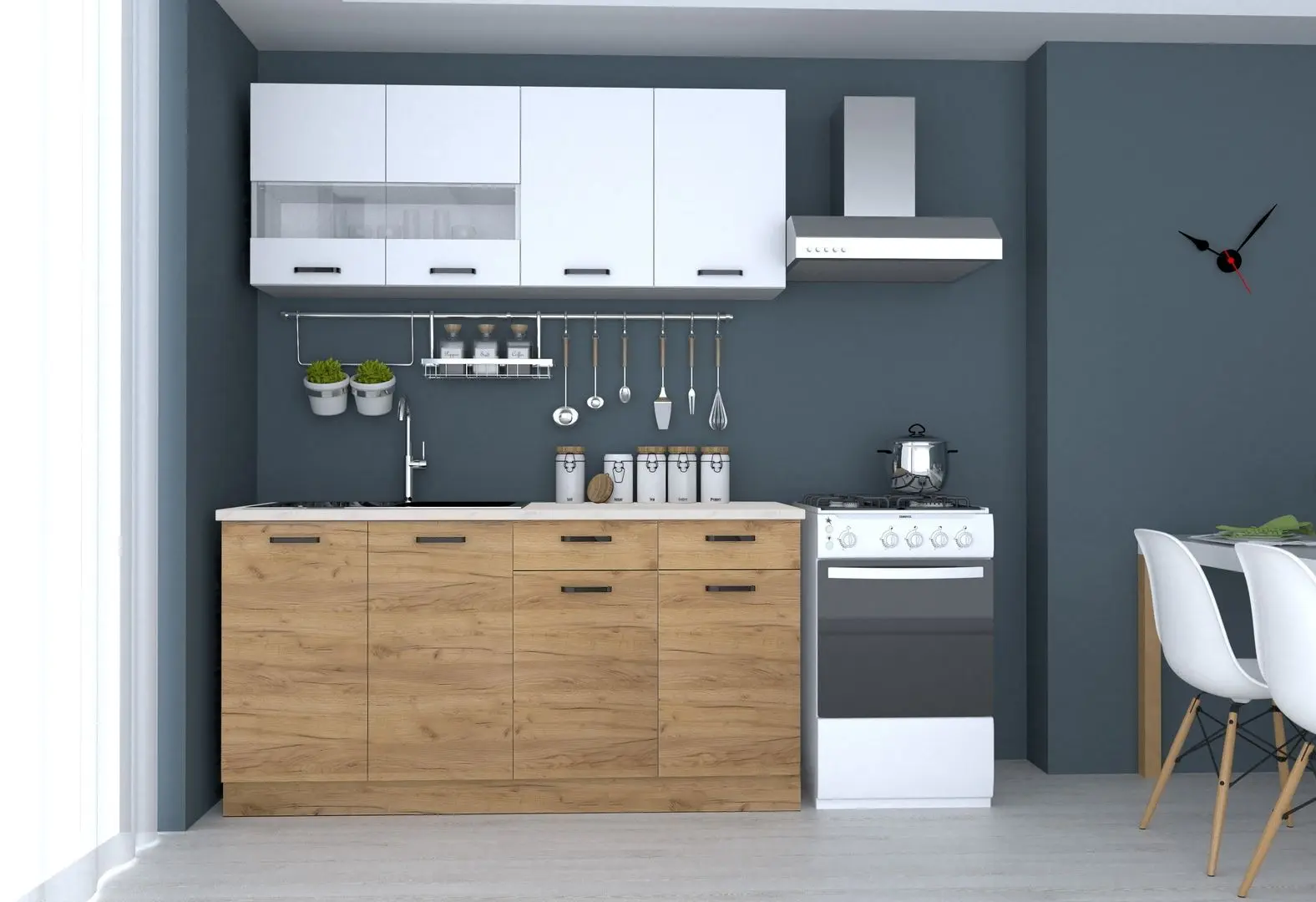 Set mobila pentru bucatarie Marcel Prod Vio 1.6m White/Craft Oak Golden + Prospero Masiv White Gloss/Sonoma Oak + Jumi Eva SD-972568 White - 2