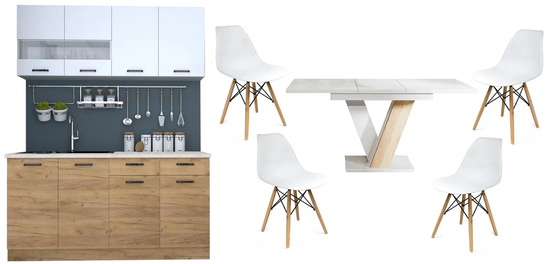 Set mobila pentru bucatarie Marcel Prod Vio 1.6m White/Craft Oak Golden + Prospero Masiv White Gloss/Sonoma Oak + Jumi Eva SD-972568 White