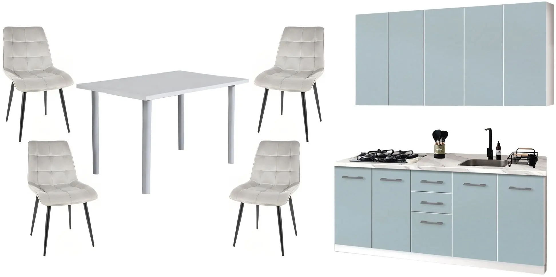 Set mobila pentru bucatarie Modern Bono H110 2.0м White/Blue + Mobhaus Unita Extra White + Signal Chic Velvet Gray Light/Black