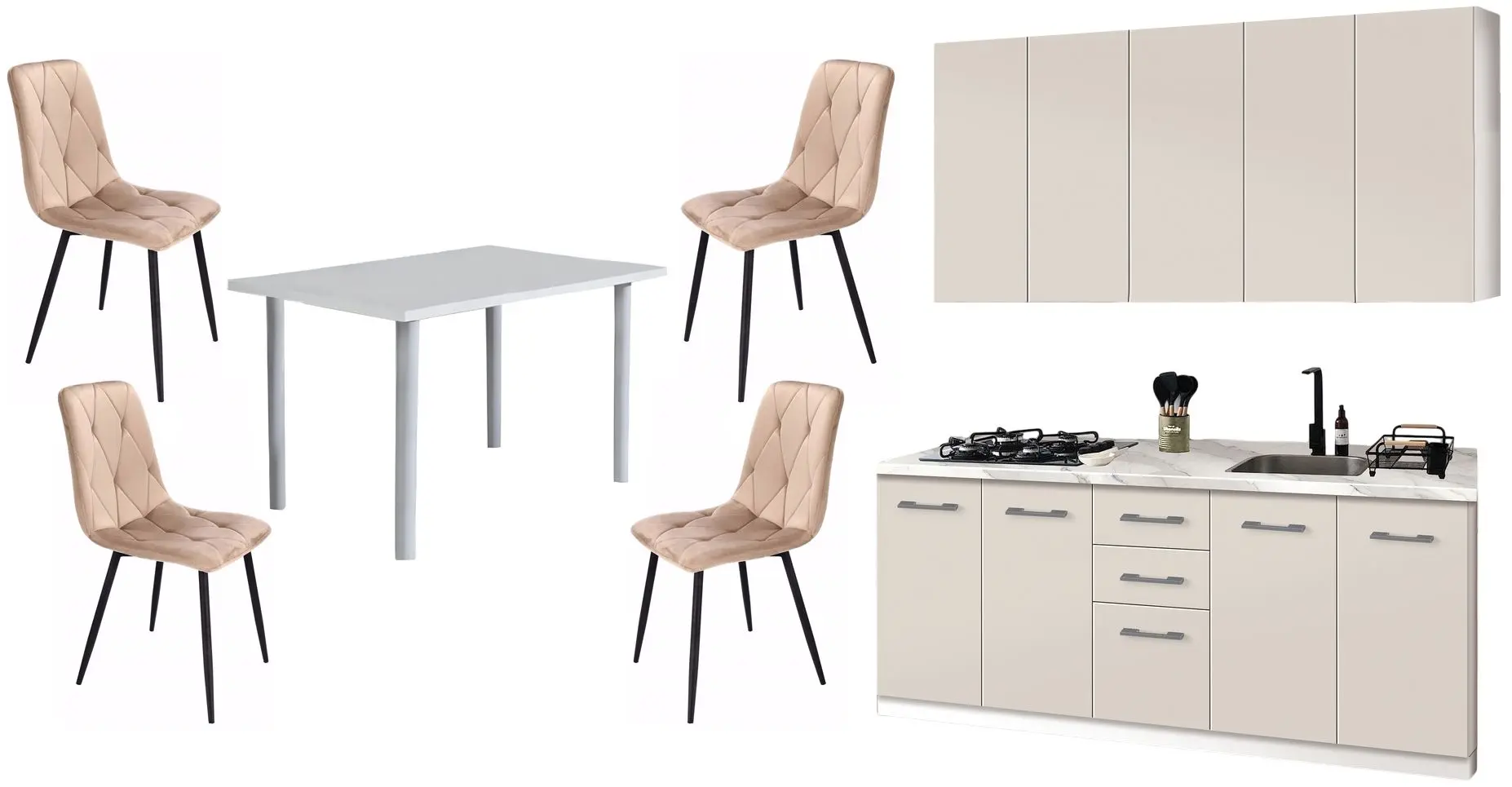 Набор мебели для кухни Modern Bono H110 2.0м White/Cashmere + Mobhaus Unita Extra White + Jumi Piado SD-998643 Beige