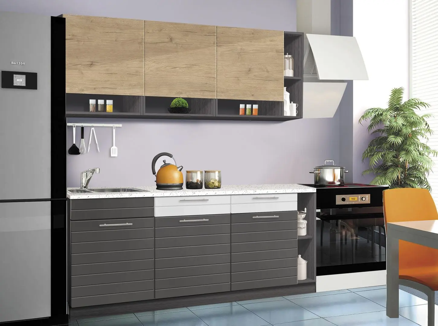 Set mobila pentru bucatarie Modern Monro 2.0m Craft Oak Gold/White Gloss/Asphalt + Prospero Bronx White/Stone + Signal Chic Matt Velvet Black/Gray - 2