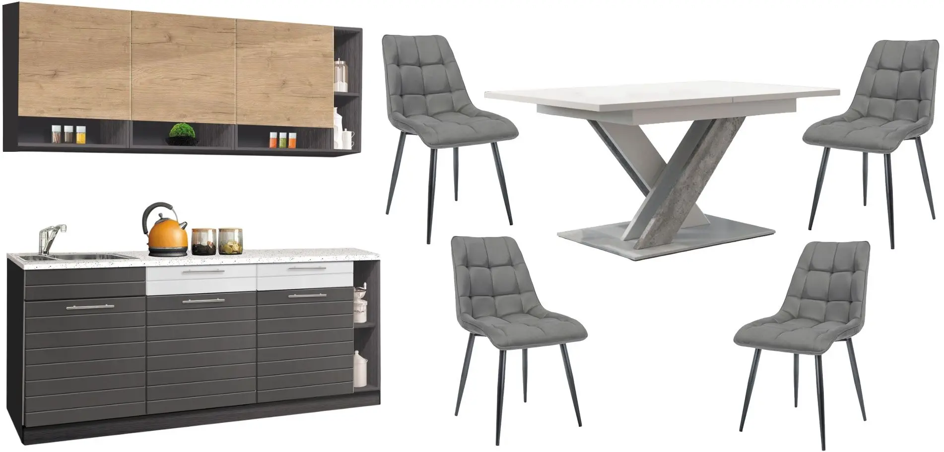 Set mobila pentru bucatarie Modern Monro 2.0m Craft Oak Gold/White Gloss/Asphalt + Prospero Bronx White/Stone + Signal Chic Matt Velvet Black/Gray