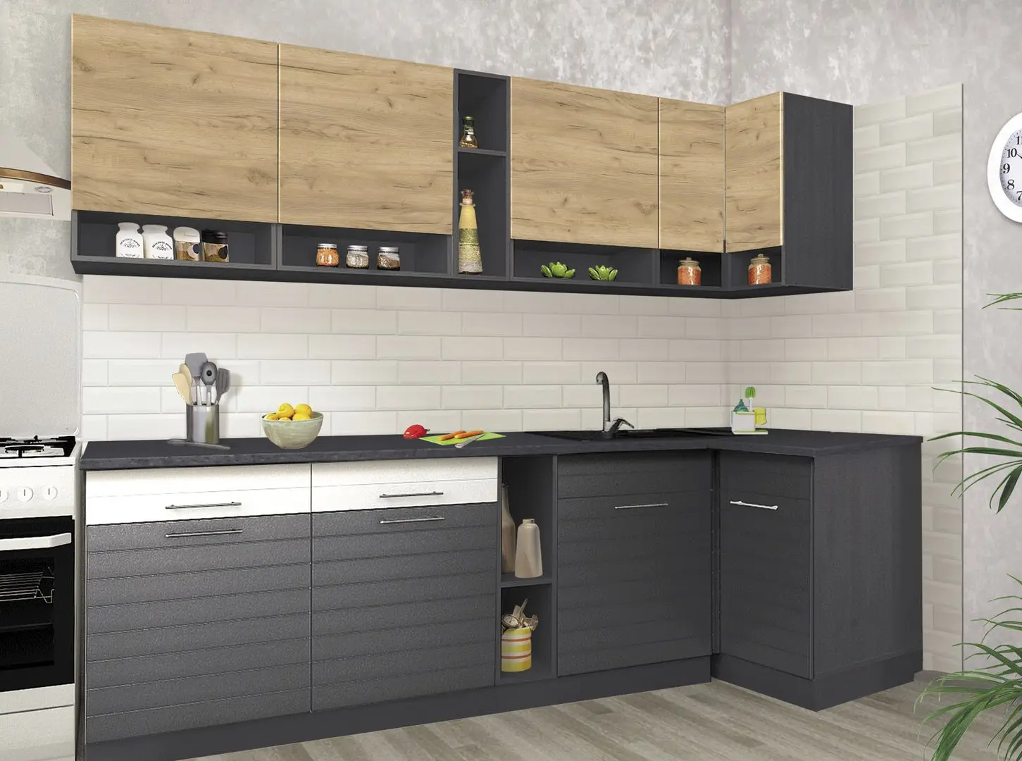 Set mobila pentru bucatarie Modern Monro 2.6 Craft Oak Gold/White Gloss/Asphalt + Halmar Modex 90cm Anthracite/Chrome + K209 White - 7
