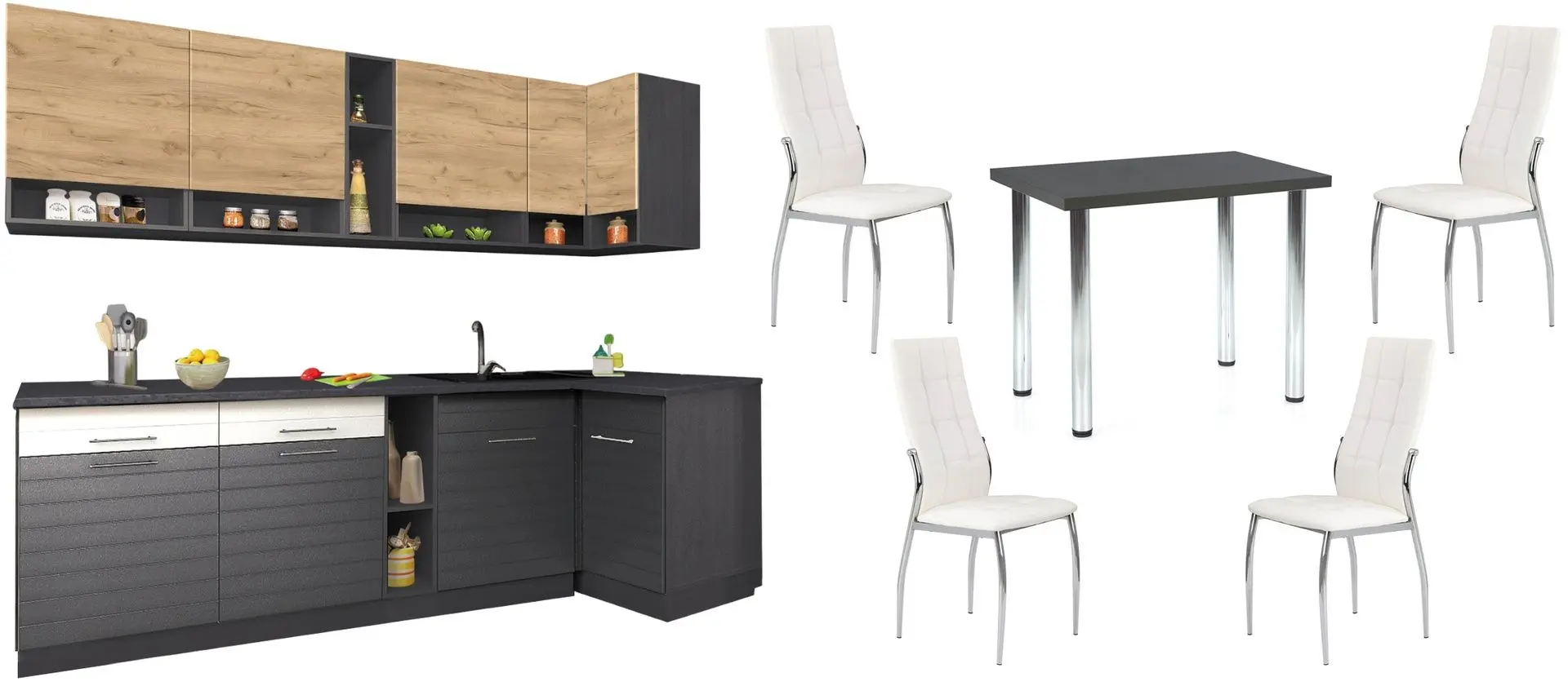 Set mobila pentru bucatarie Modern Monro 2.6 Craft Oak Gold/White Gloss/Asphalt + Halmar Modex 90cm Anthracite/Chrome + K209 White