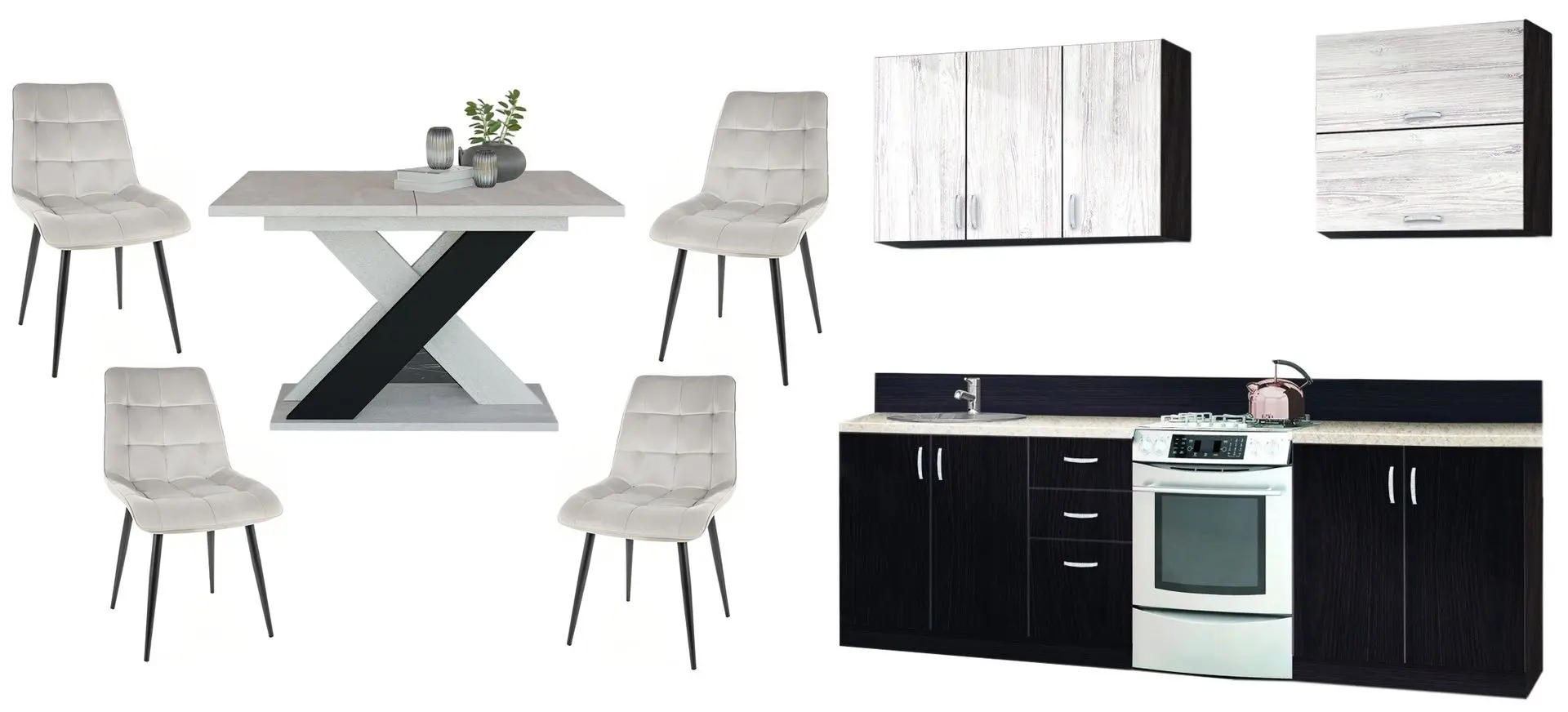 Set mobila pentru bucatarie Modern Paola 2.0m Wenge Magic/Craft Oak White + Prospero Xao 160 K350 Black + Signal Chic Velvet Gray Light/Black
