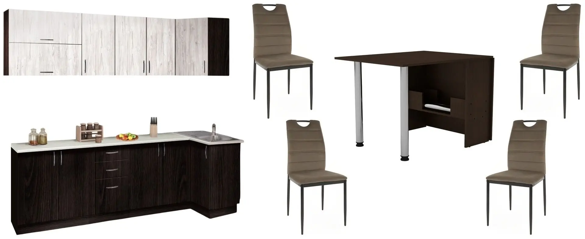 Set mobila pentru bucatarie Modern Paola 2.6/0.8m Wenge Magic/Craft Oak White +  Marcel Prod Lux UA Wenge + Signal Rip Velvet Olive/Black