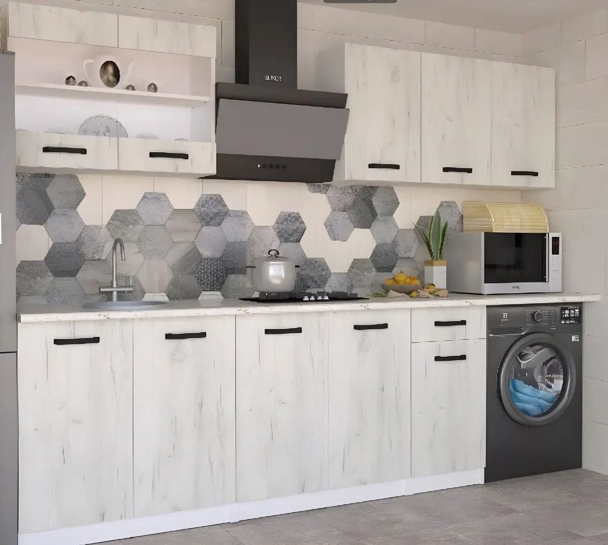 Set mobila pentru bucatarie Yasen Samanta 2.0m White Kraft Oak/White + T1920 White + С 2301 HLR-7 Light Coffee 4pcs