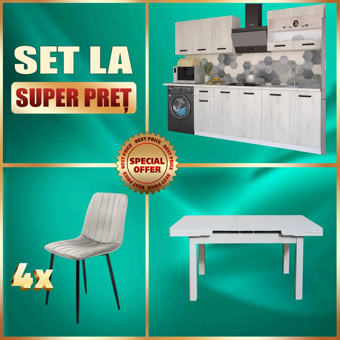 Set mobila pentru bucatarie Yasen Samanta 2.0m White Kraft Oak/White + T1920 White + С 2301 HLR-7 Light Coffee 4pcs