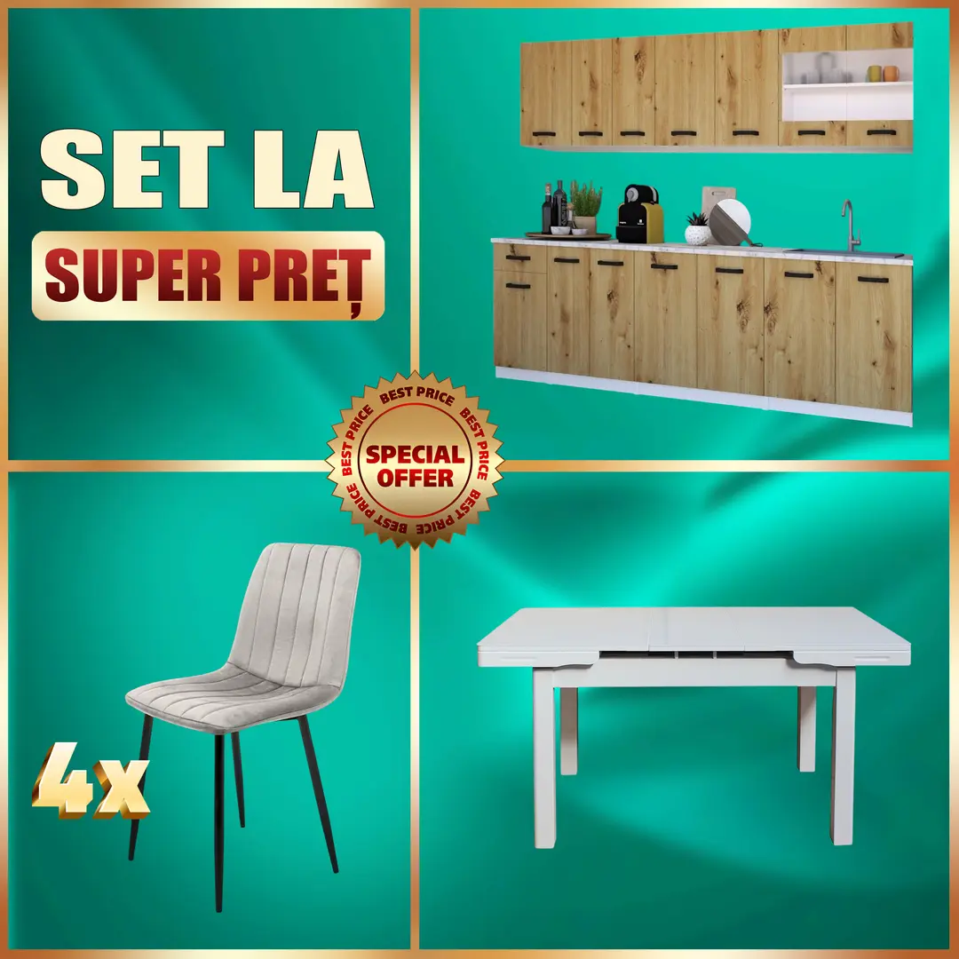 Set mobila pentru bucatarie Yasen Samanta 2.6m White/Artizan Oak + T1920 White + С 2301 HLR-7 Light Coffee 4pcs