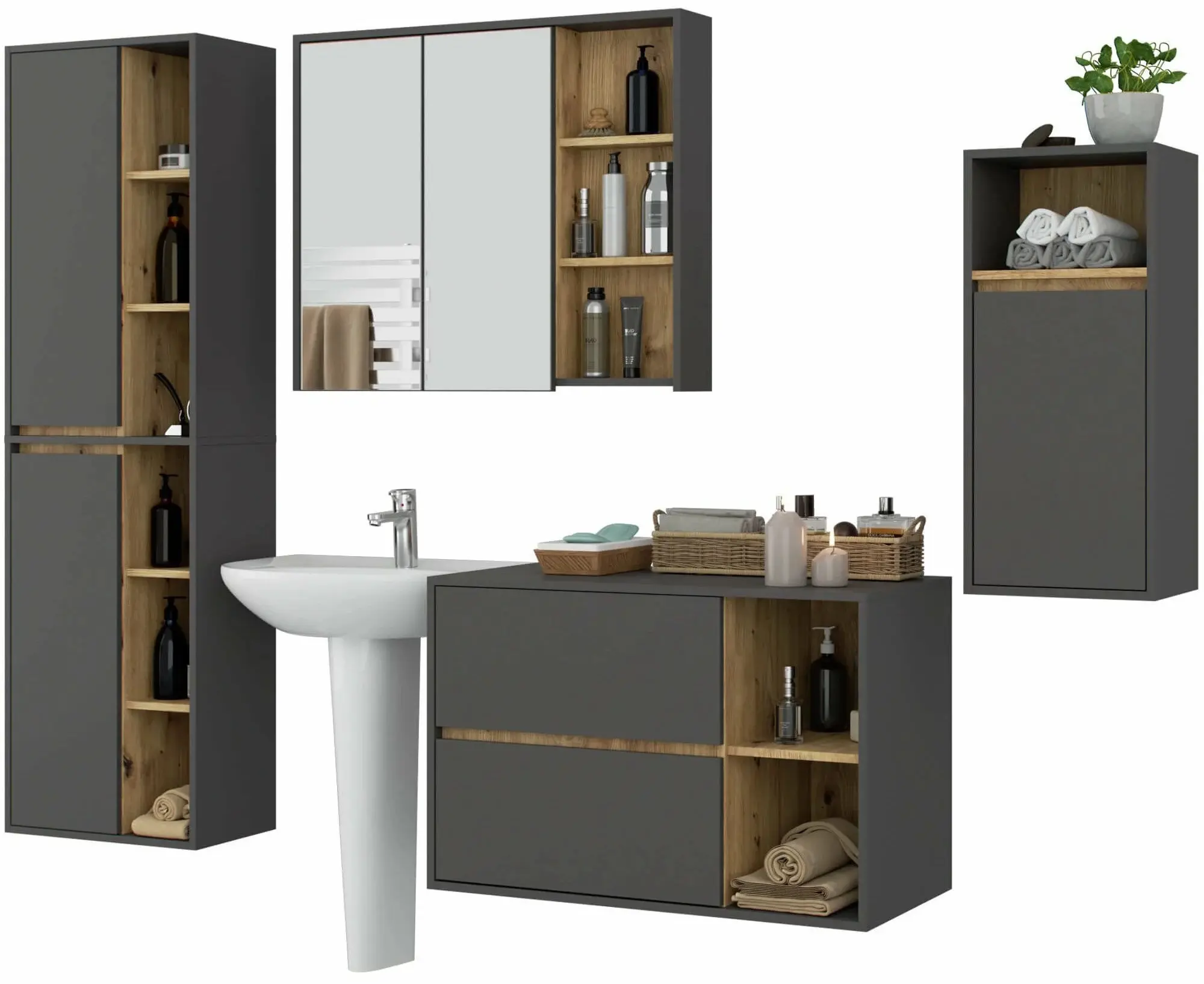 Set de mobila pentru baie Akord Vami (Graphite Grey/Artisan Oak)