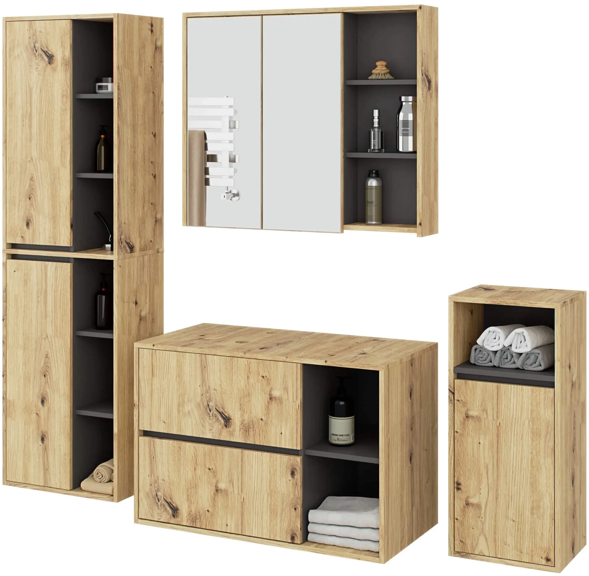 Set de mobila pentru baie Akord Vami cu orificii (Artisan Oak/Graphite Grey)