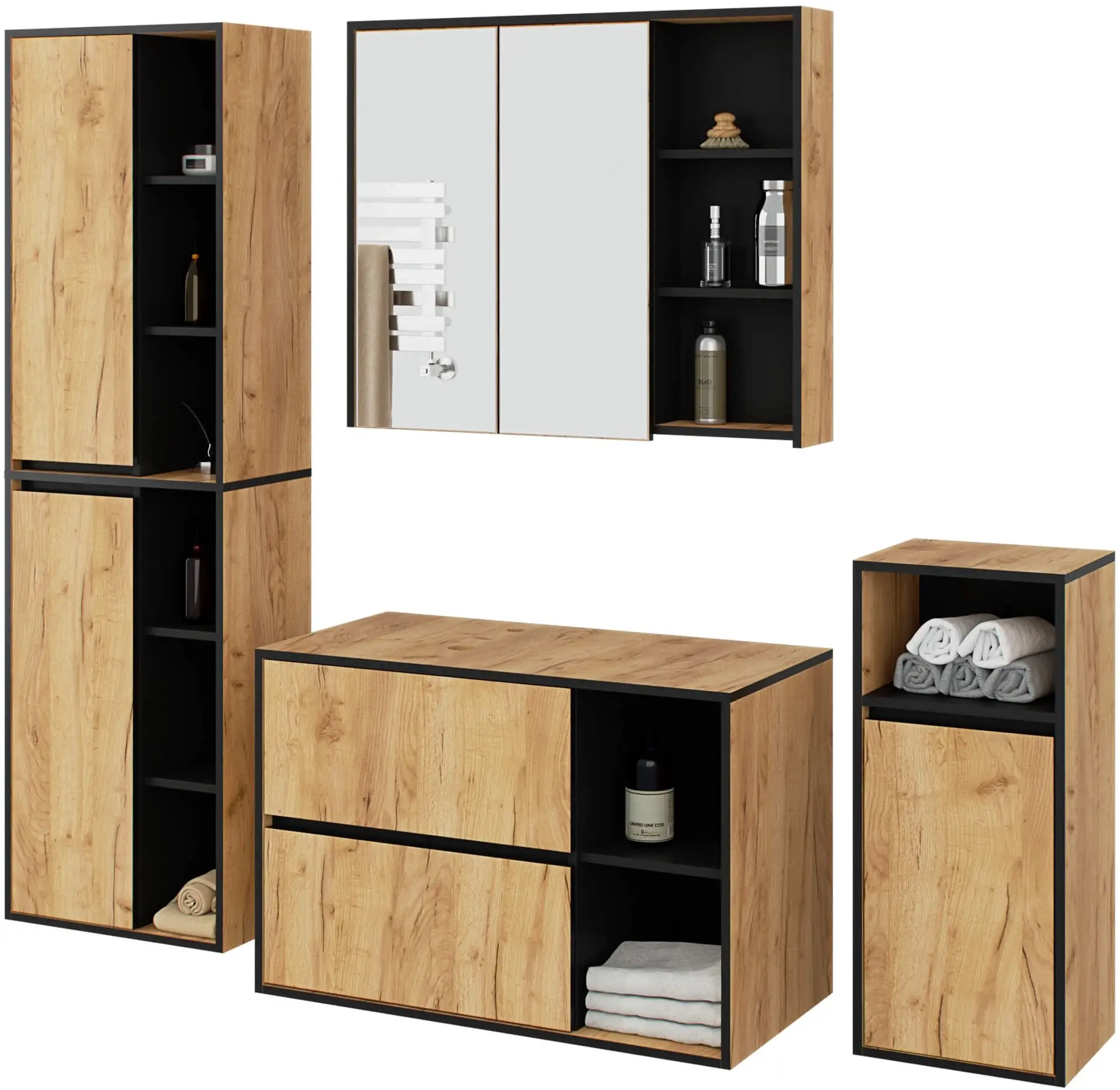 Set de mobila pentru baie Akord Vami cu orificii (Craft Oak/Black)