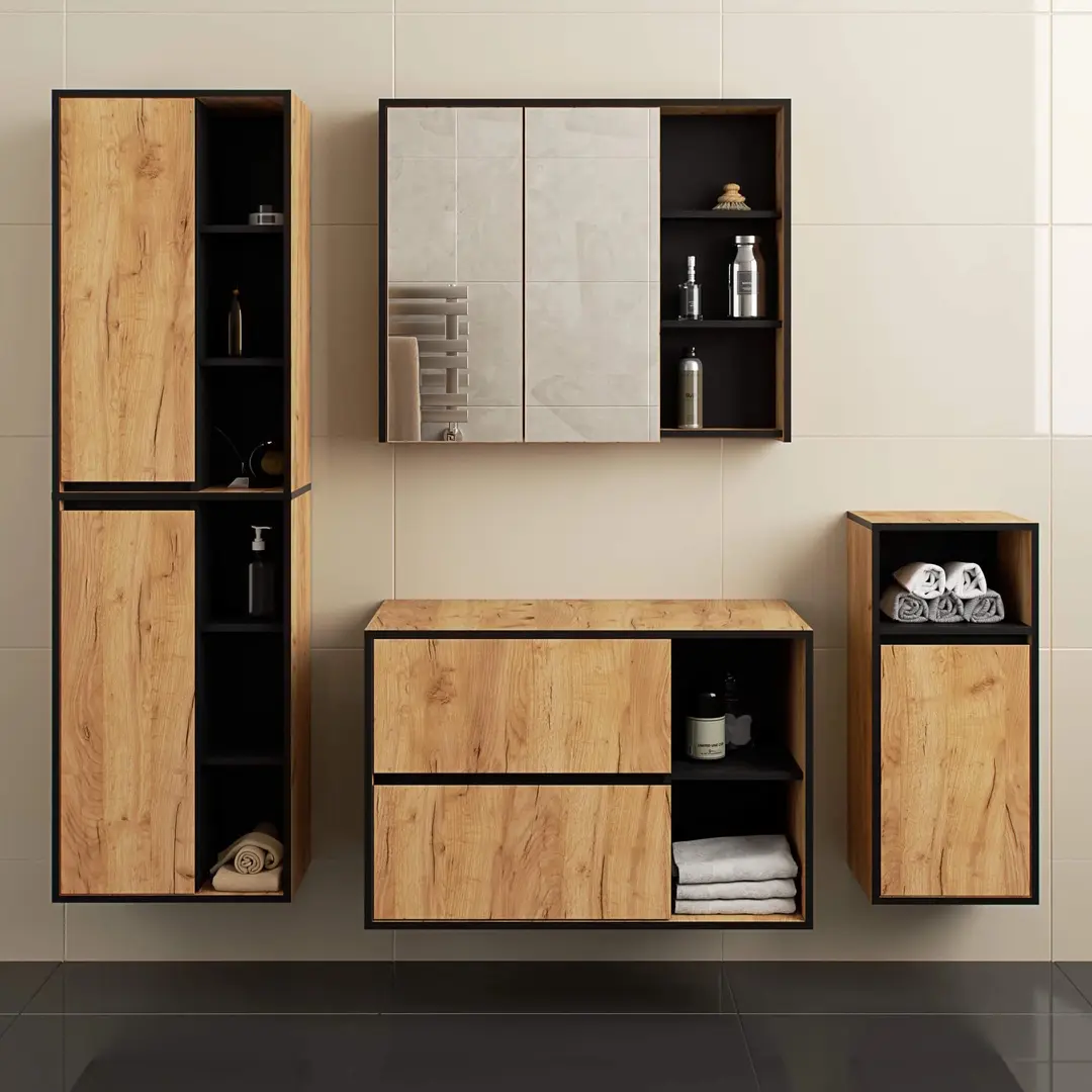 Set de mobila pentru baie Akord Vami cu orificii (Craft Oak/Black)