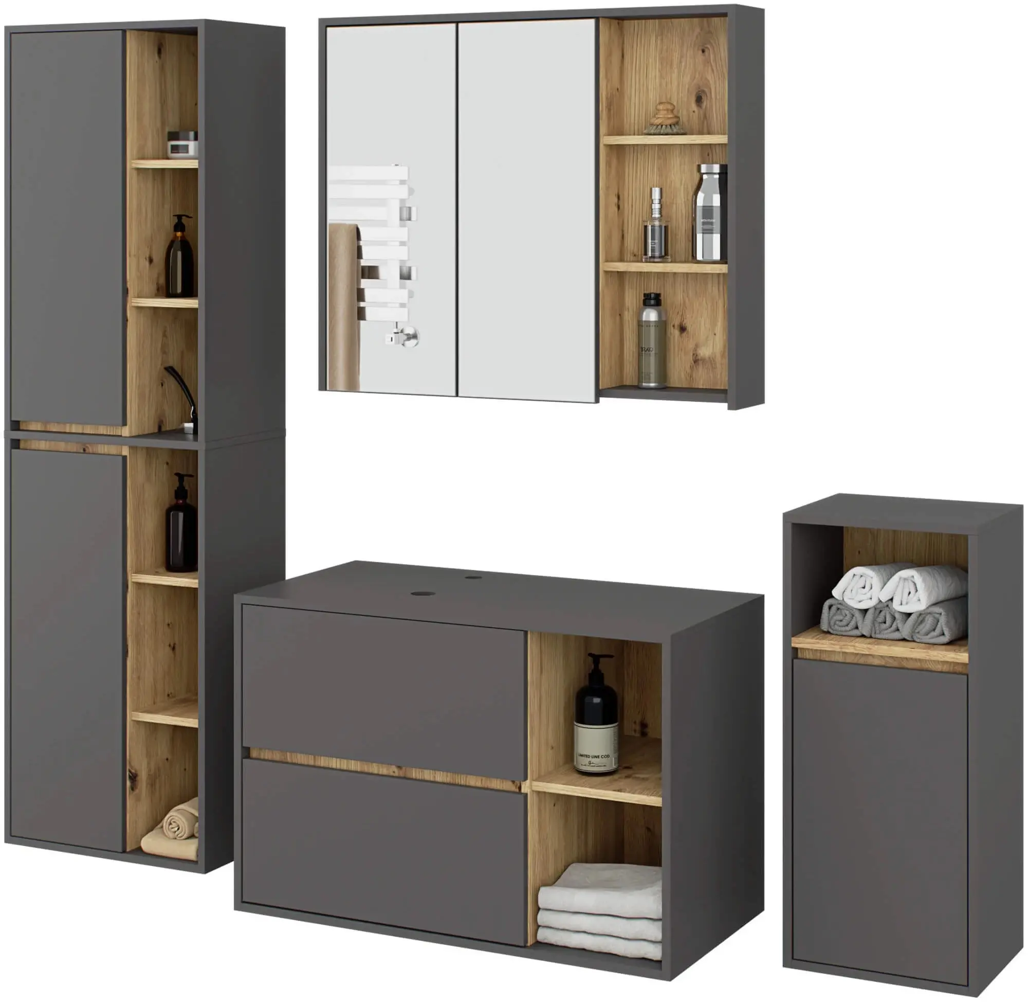 Set de mobila pentru baie Akord Vami cu orificii (Graphite Grey/Artisan Oak)