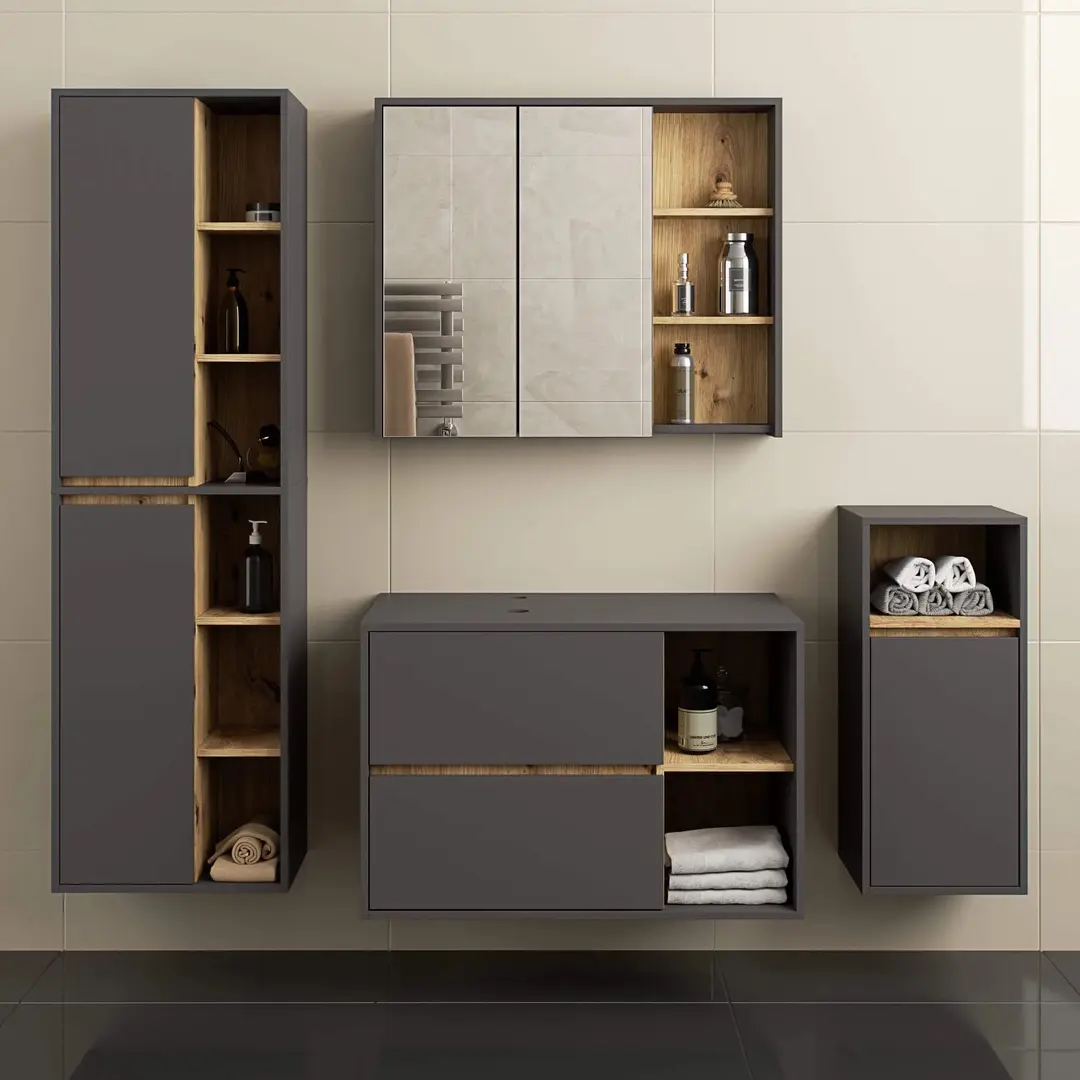 Set de mobila pentru baie Akord Vami cu orificii (Graphite Grey/Artisan Oak)