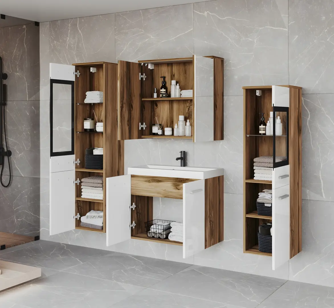 Set de mobila pentru baie Bratex Madrit II (Wotan Oak/White Gloss)