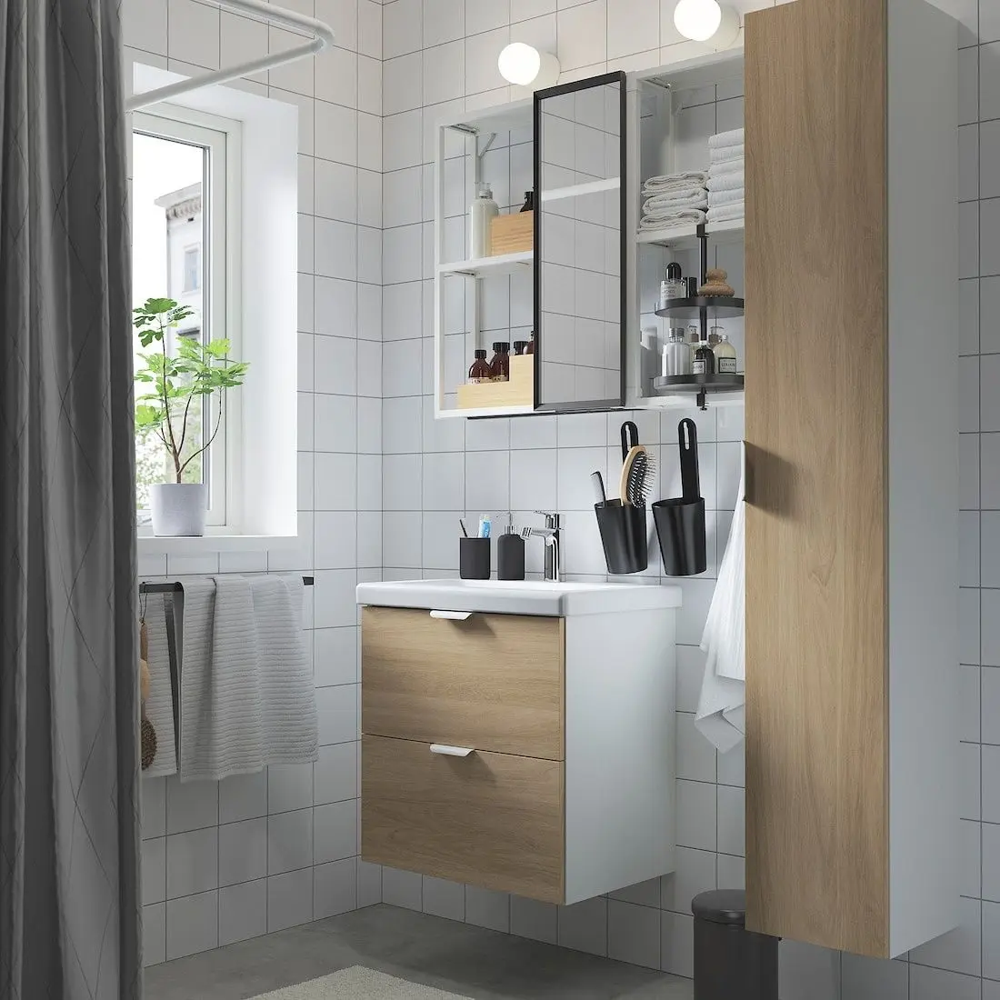 Set de mobila Ikea Enhet/Tvallen/Brogrund usa/oglinda 64x43x65 (Alb/Aspect Stejar)