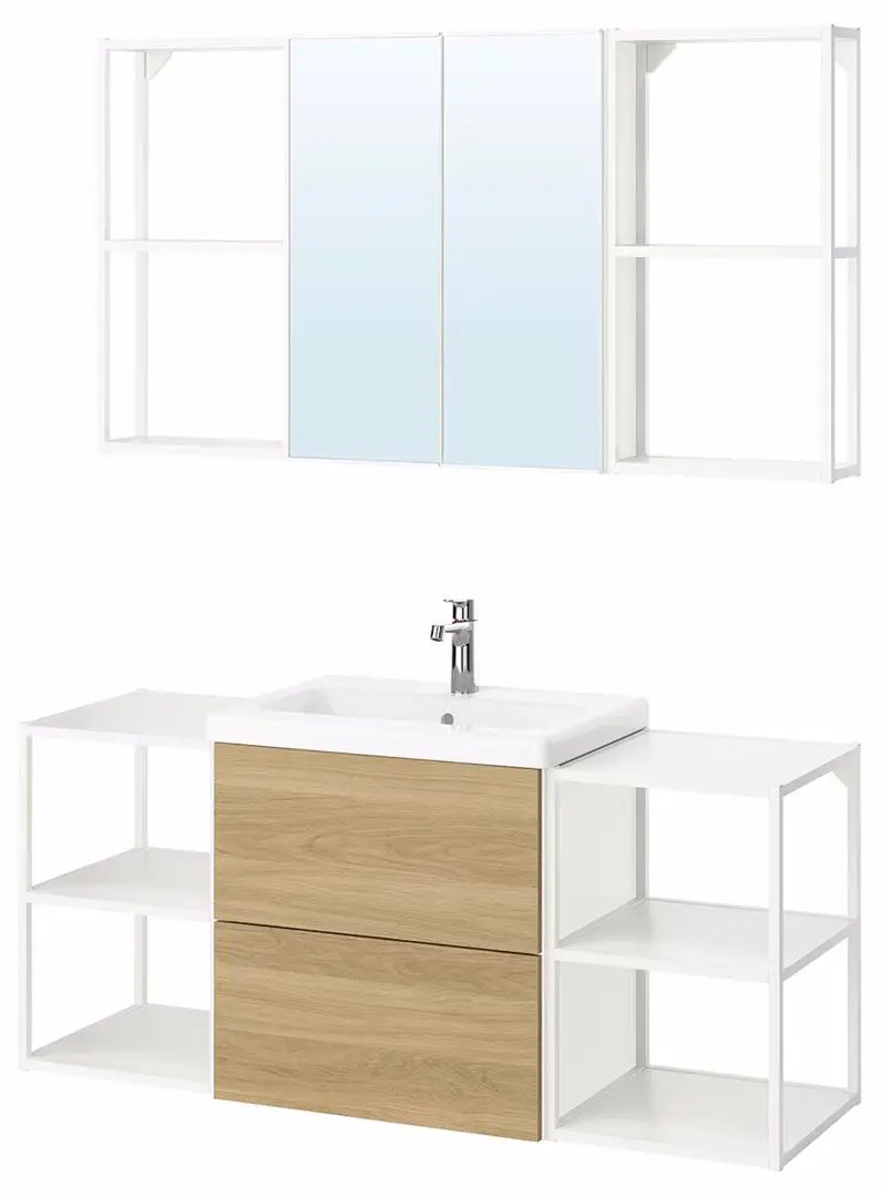 Set de mobila Ikea Enhet/Tvallen/Brogrund cu sertare 140x43x65 (Alb/Aspect Stejar)