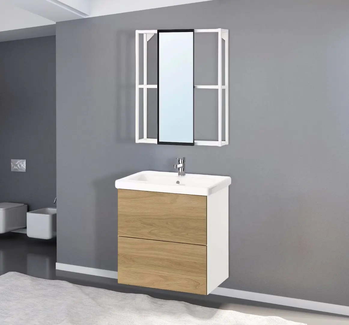 Set de mobila Ikea Enhet/Tvallen/Ensen cu sertare 64x43x65 (Alb/Aspect Stejar)